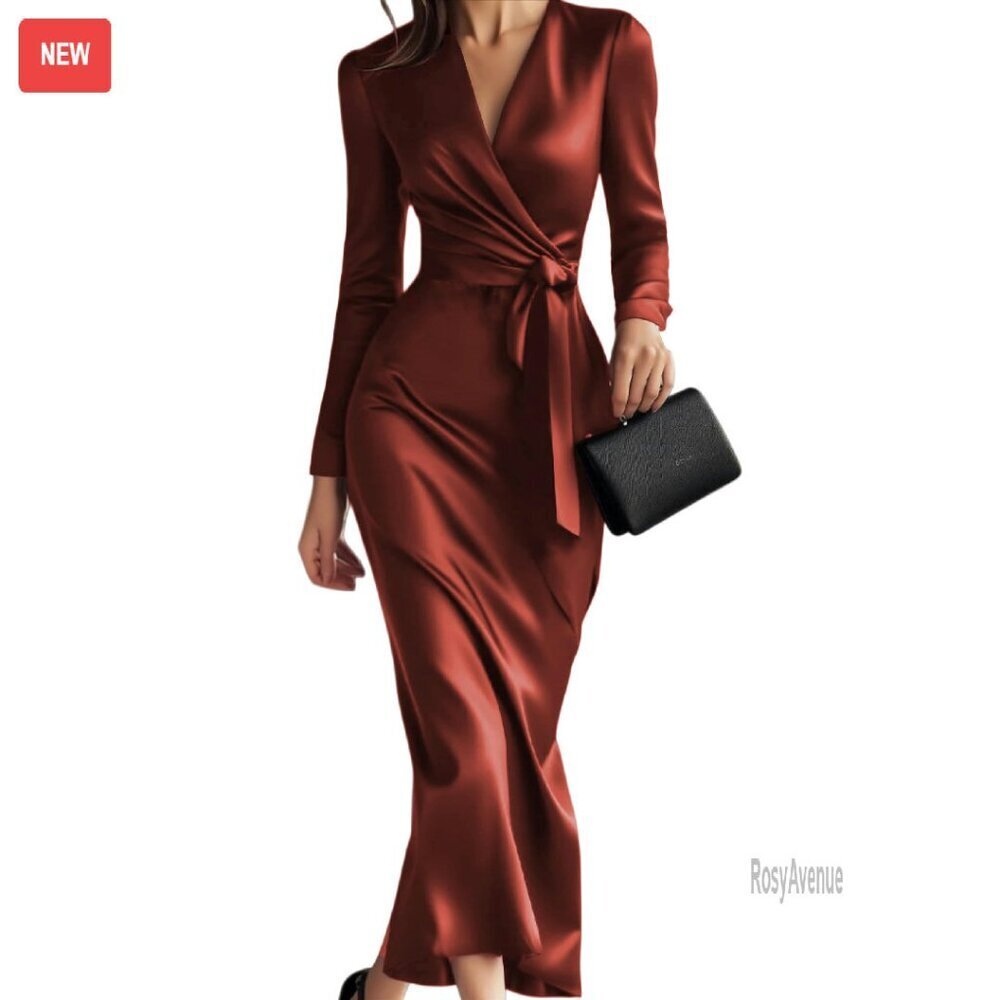 Long Sleeve V Neck Tie Waist Satin Midi Formal Cocktail Dress